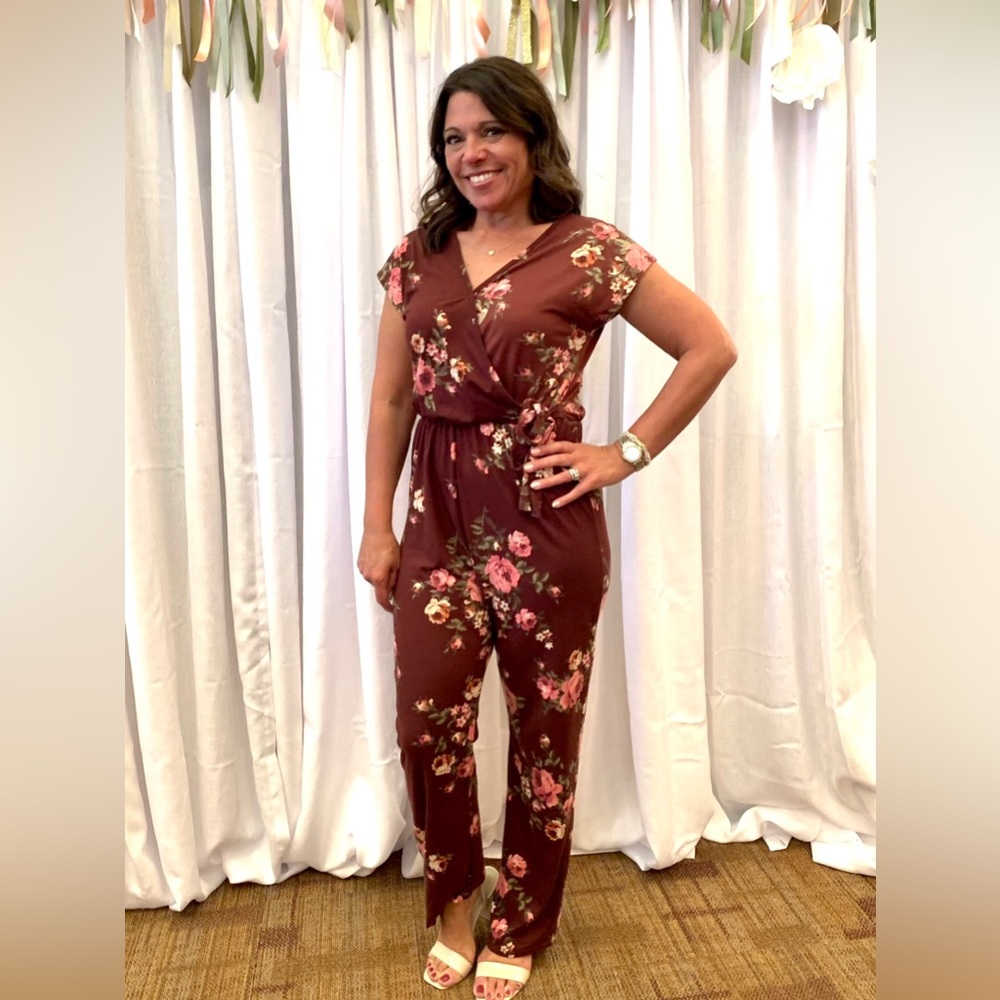Adorable Maroon Floral Jumpsuit from Caution to the Wind